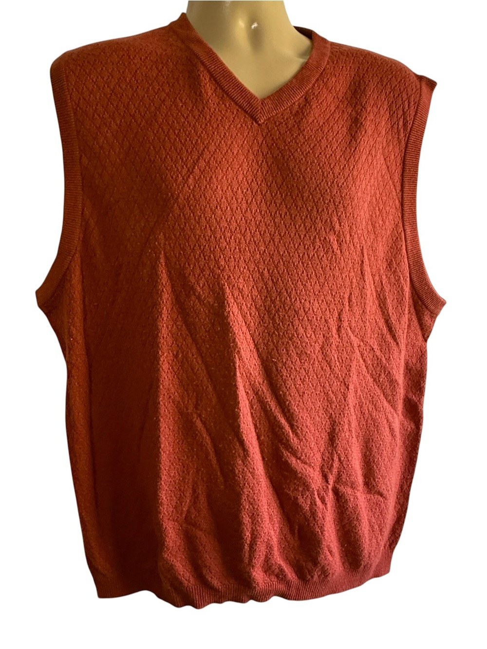 Barry Bricken Mens XL Silk Cashmere VNeck Sweater Vest Burnt Orange Diamond Knit